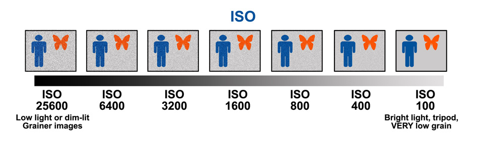 Diagram comparing ISO values and their effects on image brightness and digital noise