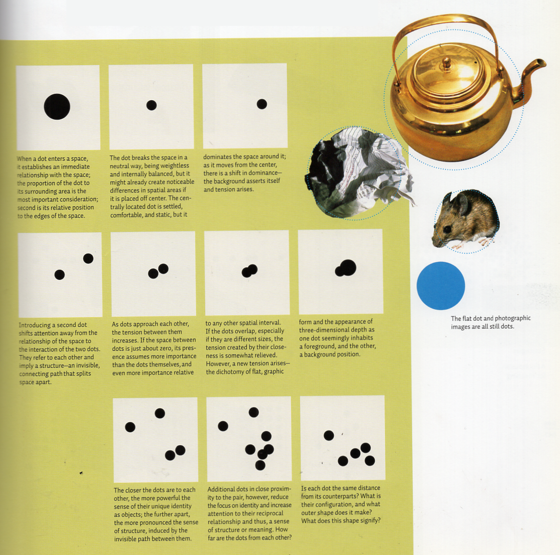 Examples showing how the size, position, spacing, and grouping of dots affect visual attention and spatial relationships