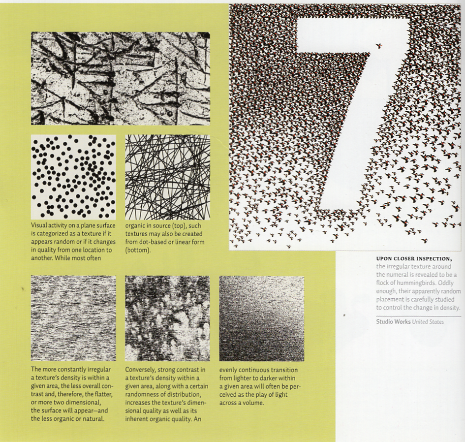 Examples showing surfaces changed through marks, density, direction, texture, and material variation