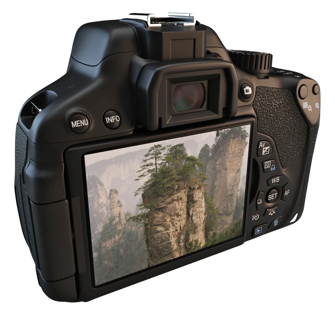 Back view of a Canon DSLR camera showing the viewfinder, LCD screen, menu and info buttons, playback button, and main control buttons
