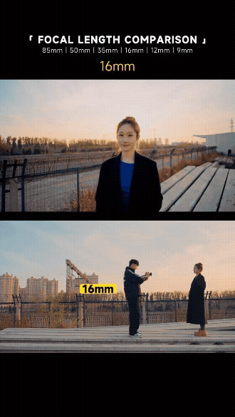 Long focal length used from a distant camera position while maintaining similar subject framing.