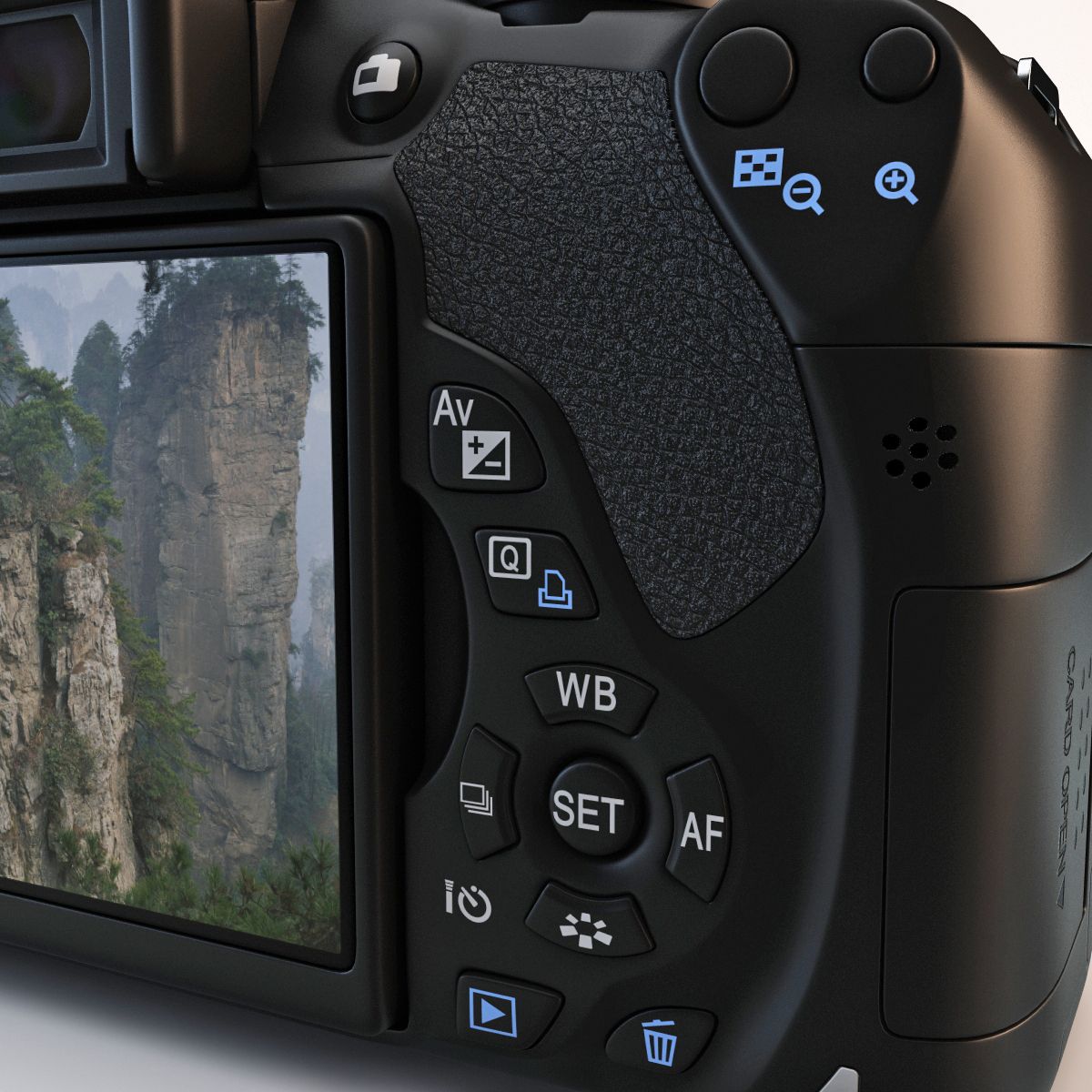 Back controls of a Canon DSLR camera, including exposure, Quick Control, white balance, navigation, playback, and zoom buttons