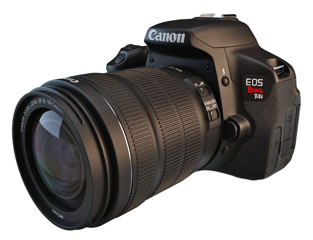 Canon Rebel DSLR with an 18–55 mm zoom lens showing the focus ring, zoom ring, focus switch, and Image Stabilization switch