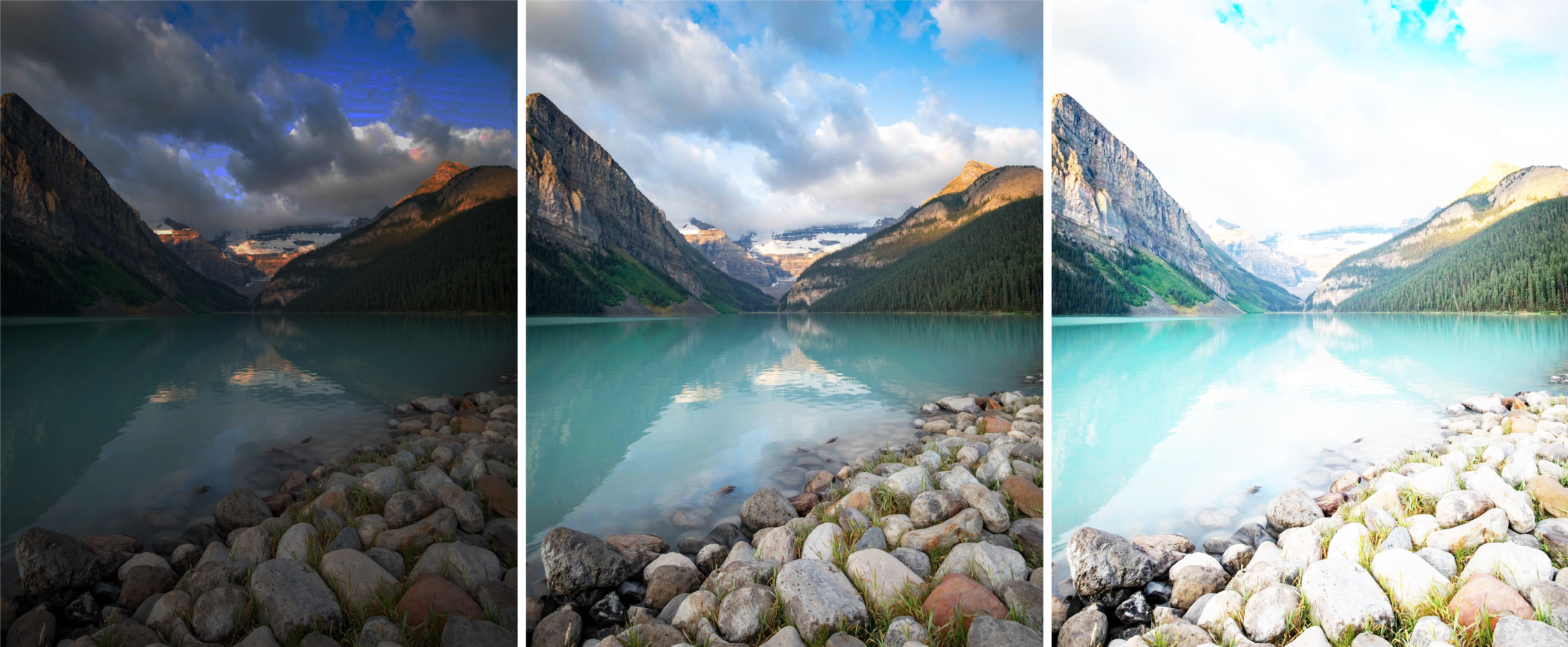 Three versions of the same scene showing underexposure, balanced exposure, and overexposure